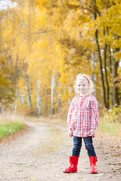 little girl wearing rubber boots in autumnal alley Stock photo © phbcz
