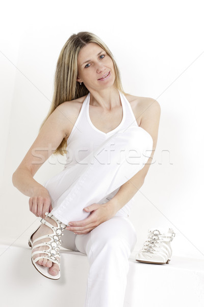 Foto stock: Sesión · mujer · blanco · ropa · sandalias