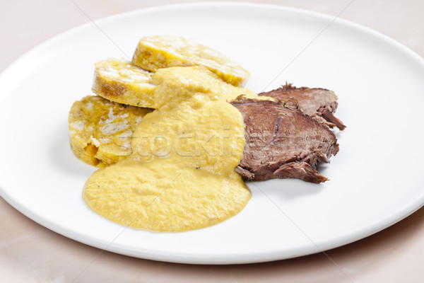 Vesepecsenye krém tányér hús étel edény Stock fotó © phbcz