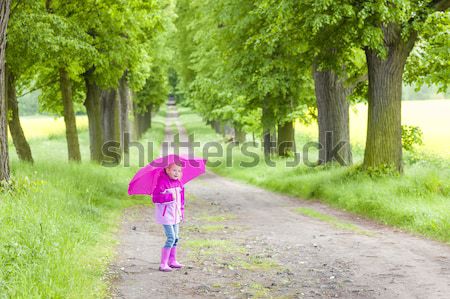 Kleines Mädchen tragen Gummistiefel Dach Frühling Gasse Stock foto © phbcz