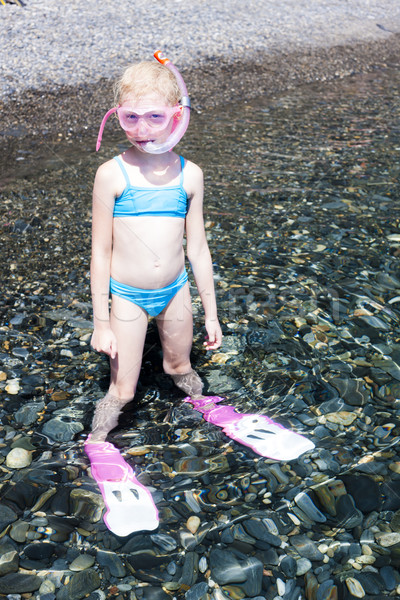 little girl on the beach at sea ready for snorkeling Stock photo © phbcz