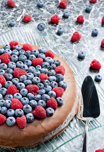 chocolate cake with raspberries and blueberries Stock photo © phbcz