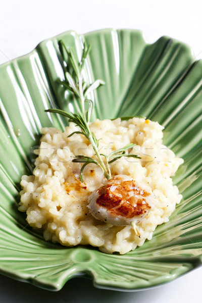 grilled Saint Jacques mollusc on rosemary needle with risotto Stock photo © phbcz