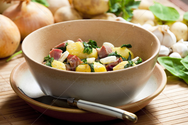 potatoes with smoked meat, spinach and garlic Stock photo © phbcz