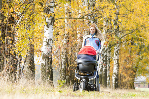 Kobieta wózki dla dzieci chodzić jesienny charakter rodziny Zdjęcia stock © phbcz