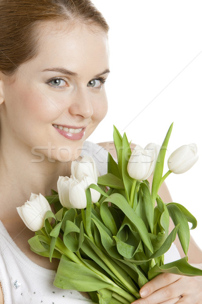 Stock foto: Porträt · Frau · Tulpen · Blume · Blumen · Tulpe