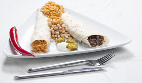 beef burritos with beans and rice Stock photo © phbcz