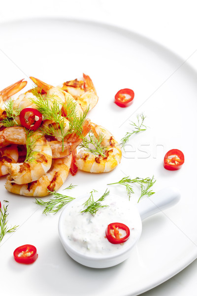 Grillezett garnélák mártás fokhagyma chilli tányér Stock fotó © phbcz