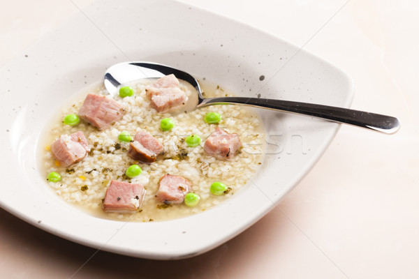 smoked meat bouillon with pearl barley and peas Stock photo © phbcz