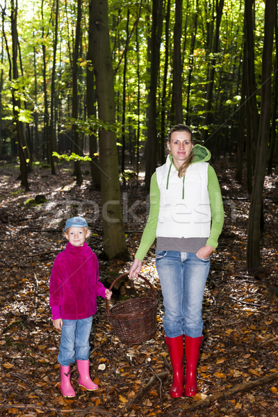 mother with her daughter doing mushroom picking Stock photo © phbcz