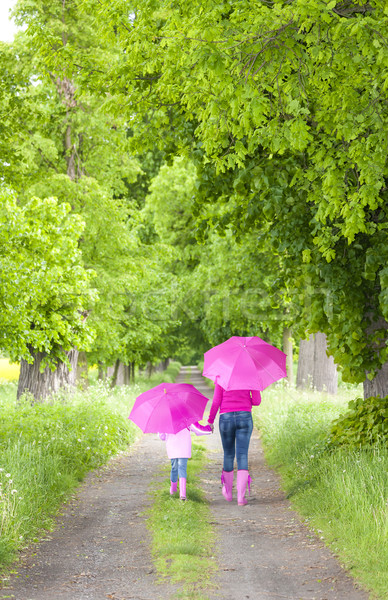 Stock fotó: Anya · lánygyermek · esernyők · tavasz · sikátor · nő