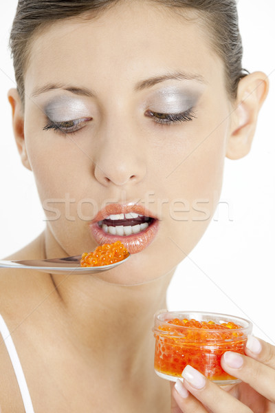 Foto stock: Retrato · mulher · vermelho · caviar · jovem · alimentação