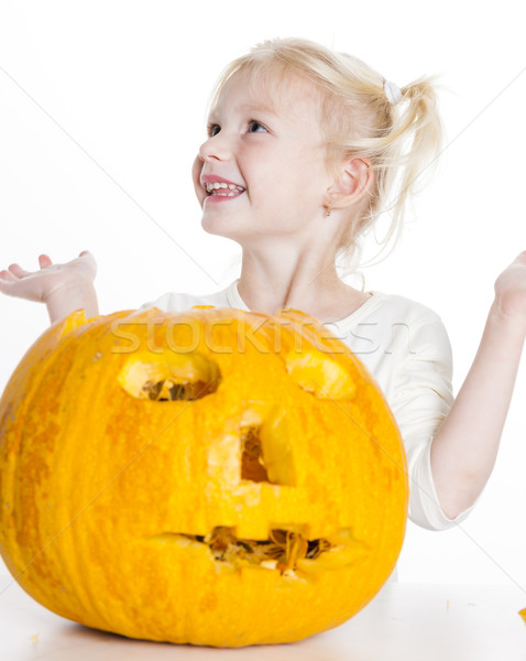 little girl carving pumpkin for Halloween Stock photo © phbcz