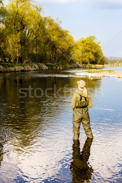 Mulher pescaria rio primavera mulheres relaxar Foto stock © phbcz