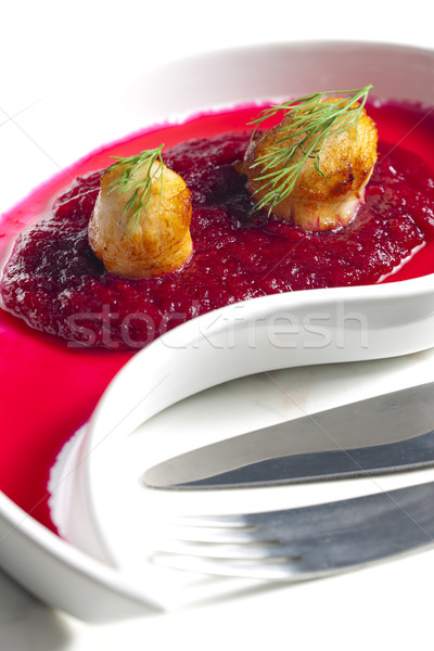 fried Saint Jacques molluscs on mashed red beet Stock photo © phbcz
