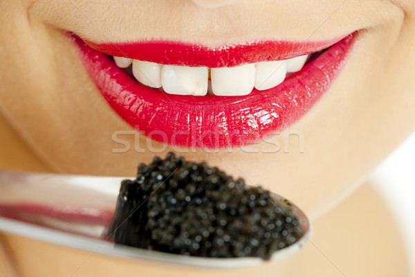 Foto stock: Pormenor · mulher · preto · caviar · boca · dentes