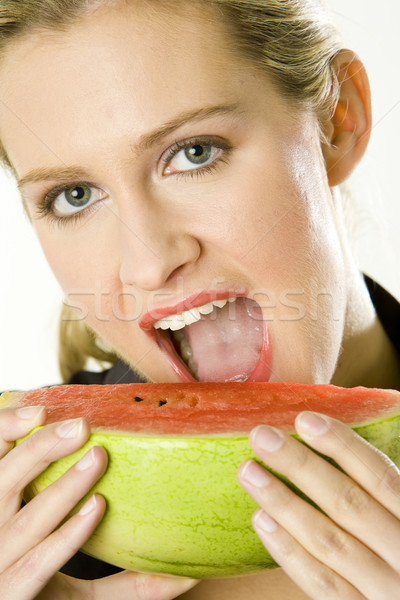 Imagine de stoc: Portret · femeie · pepene · galben · fructe · tineri · singur