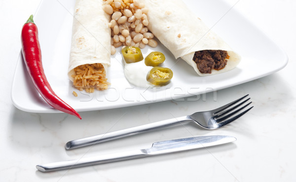 beef burritos with beans and rice Stock photo © phbcz