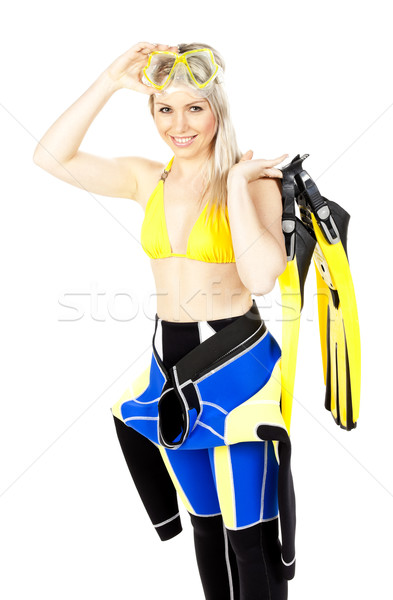 standing young woman wearing neoprene with diving equipment Stock photo © phbcz