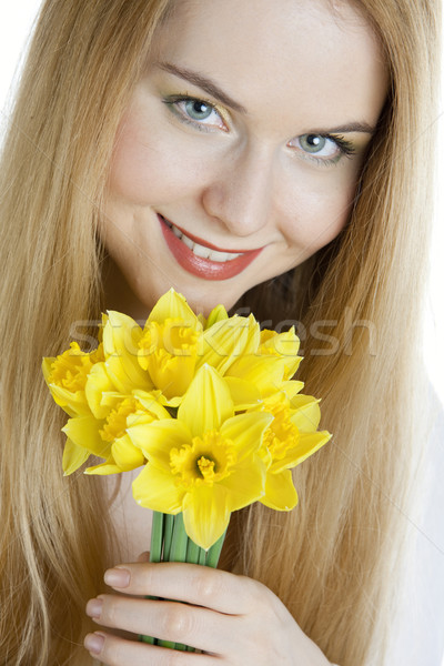 Portret jonge vrouw narcissen vrouw bloem bloemen Stockfoto © phbcz