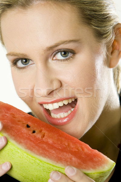 Imagine de stoc: Portret · femeie · pepene · galben · sănătate · fructe · tineri