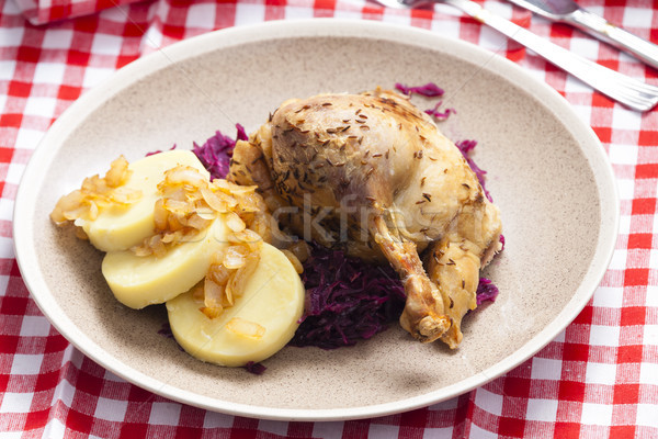 Stock photo: duck meat with potato dumlings and red cabbage