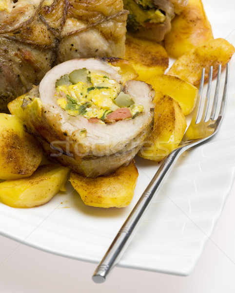 Kalbfleisch rollen Kartoffeln Essen Gabel Gerichte Stock foto © phbcz