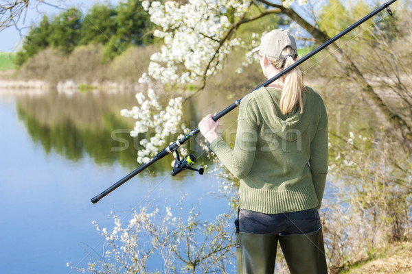 Foto stock: Mulher · pescaria · lagoa · primavera · mulheres · relaxar