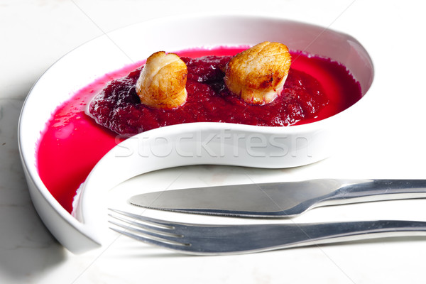 fried Saint Jacques molluscs on mashed red beet Stock photo © phbcz