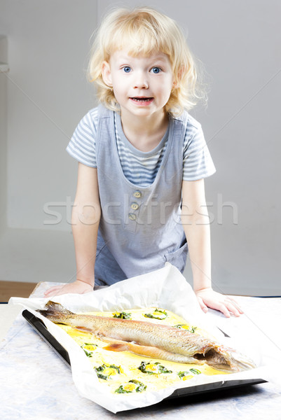 Portré kislány sült pisztráng lazac lány Stock fotó © phbcz