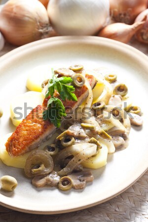 Stock photo: baked salmon on champignons, onion and olives