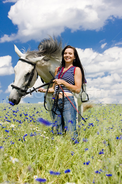 equestrian with a horse on meadow Stock photo © phbcz