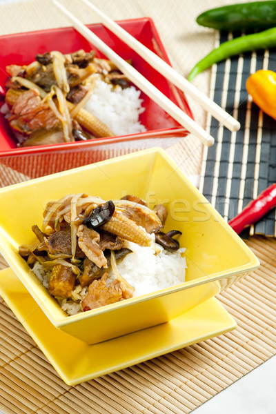 Baromfi hús kukorica gombák tányér étel Stock fotó © phbcz