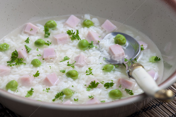 smoked meat bouillon with peas and rice Stock photo © phbcz
