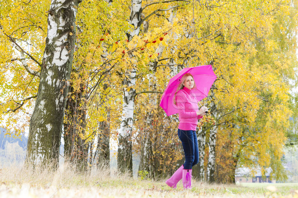 Foto stock: Mujer · botas · de · goma · paraguas · naturaleza