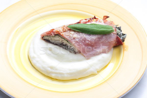 fillet of trout with sage roasted in the Prague Ham with mashed  Stock photo © phbcz