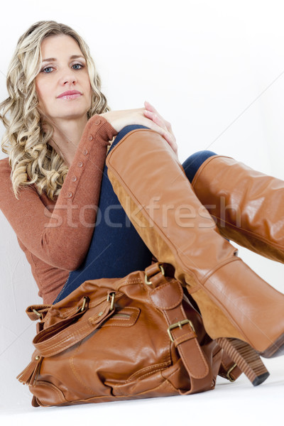 ストックフォト: 肖像 · 座って · 女性 · 着用 · ファッショナブル · ブラウン