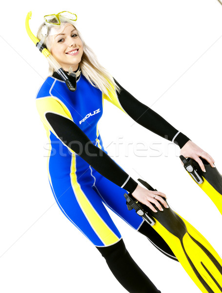 Stock photo: standing young woman wearing neoprene with snorkeling equipment