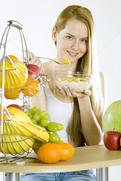 Femme déjeuner fruits santé orange lait [[stock_photo]] © phbcz