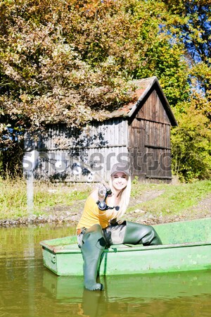 Stock foto: Fischer · Frau · Sitzung · Boot · Frauen · Herbst