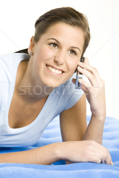 Stockfoto: Portret · vrouw · telefoon · praten · jonge