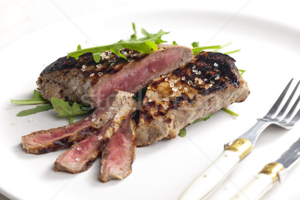 гриль бифштекс горчица пластина мяса ножом Сток-фото © phbcz