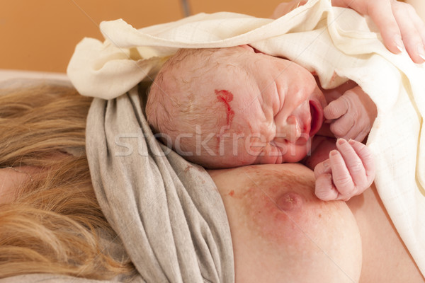 laying of a newborn baby to the breast after birth Stock photo © phbcz