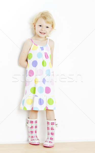little girl wearing dress and rubber boots Stock photo © phbcz