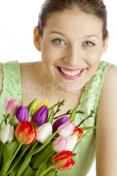 Portré fiatal nő tulipánok nő virág virágok Stock fotó © phbcz