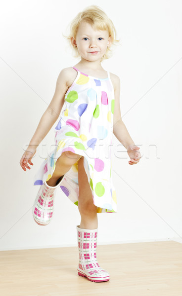 little girl wearing dress and rubber boots Stock photo © phbcz