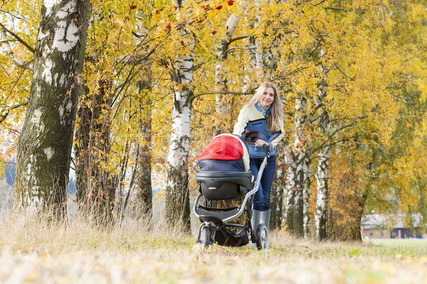 woman with a pram on walk in autumnal nature Stock photo © phbcz
