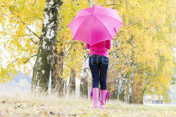 Frau tragen Gummistiefel Dach herbstlich Natur Stock foto © phbcz