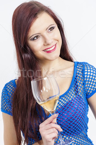 Portret sticlă vin alb femeie tineri Imagine de stoc © phbcz