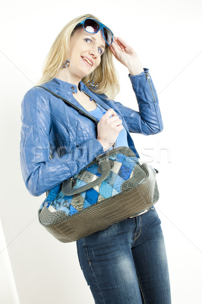 Portret permanente vrouw Blauw kleding Stockfoto © phbcz
